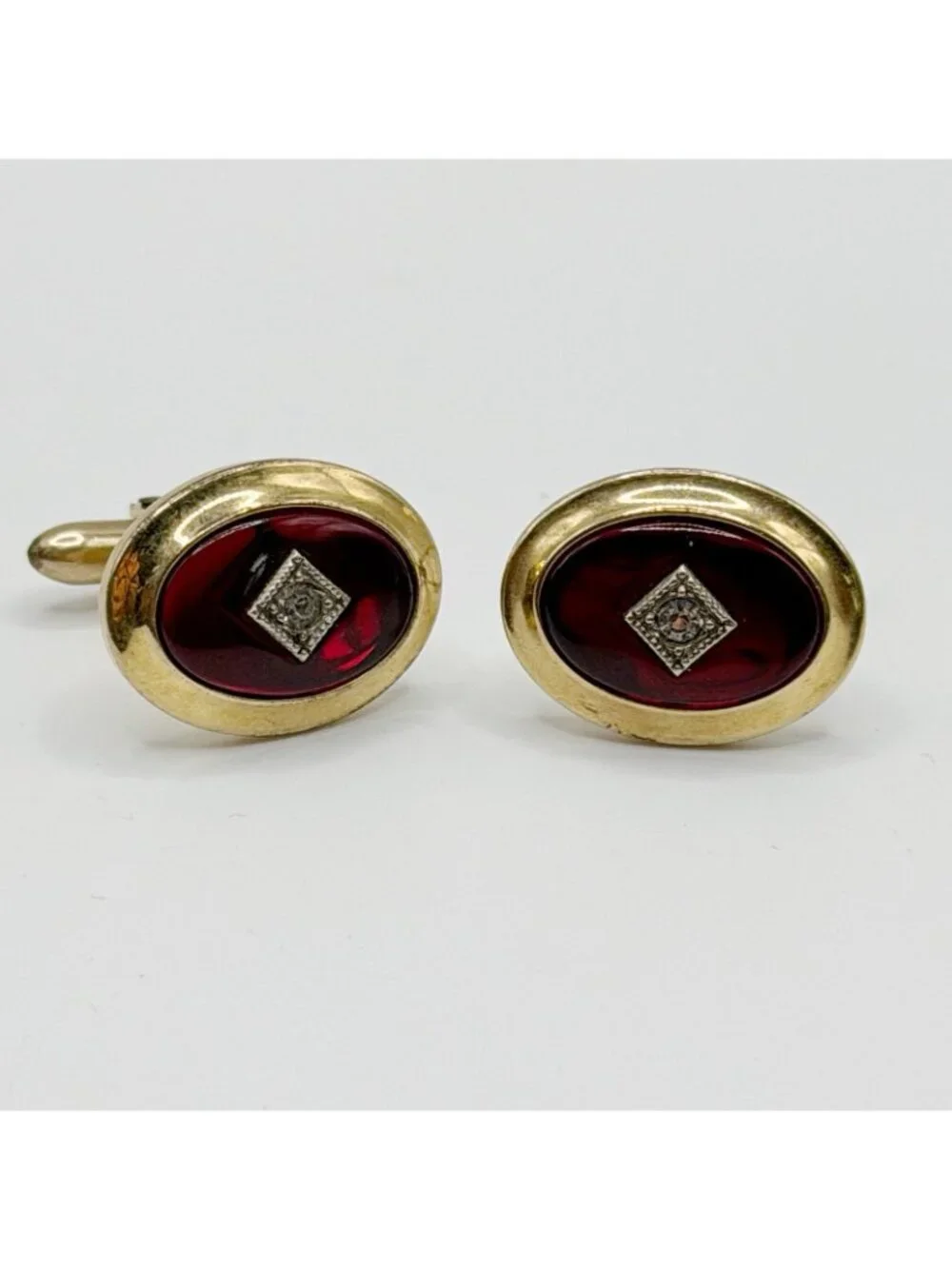 Correct Quality Ruby Red Cabochon & Rhinestone Cufflinks Gold Tone‎